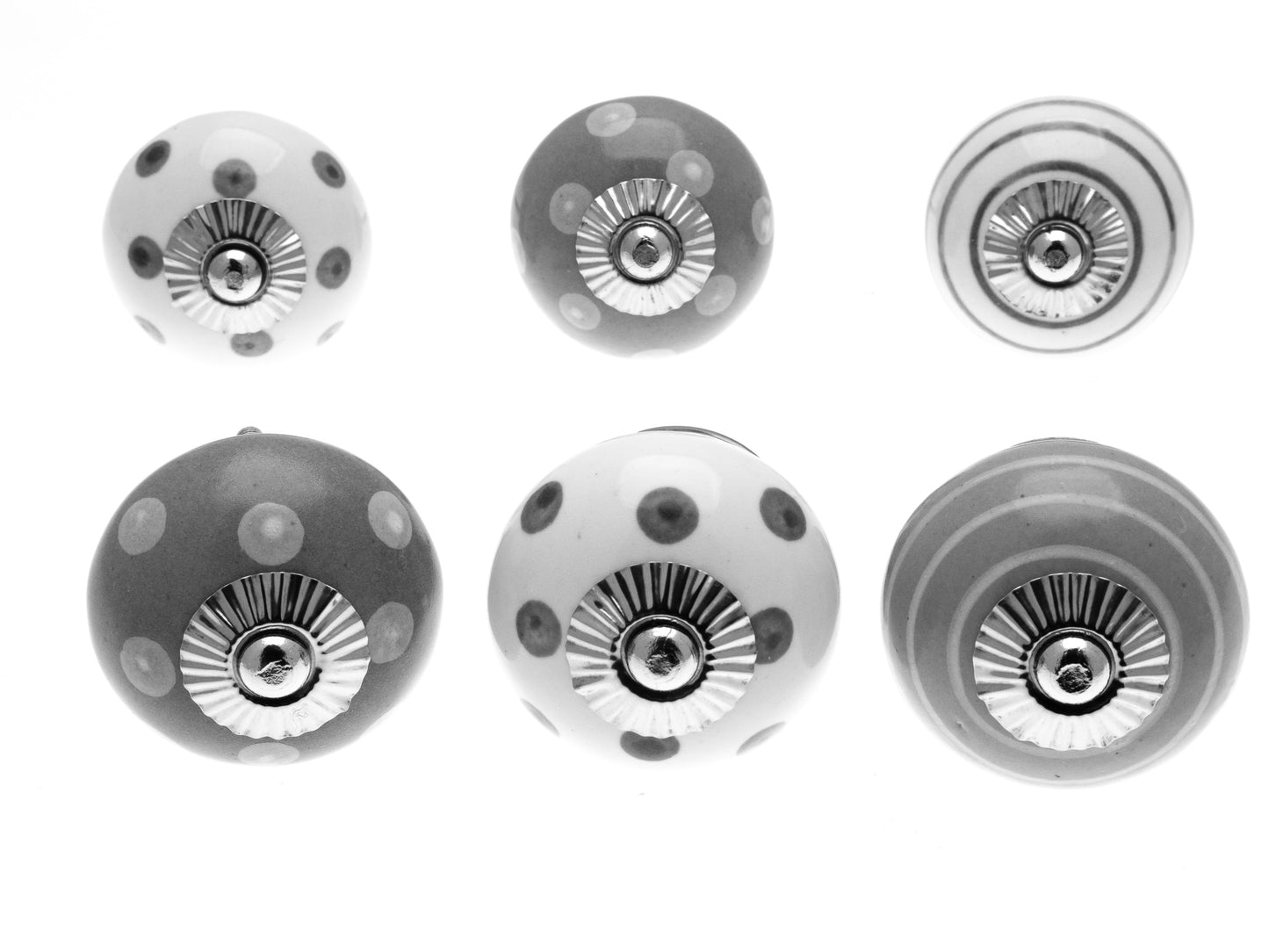 Ceramic Door Knobs Whisper Greys in Spots and Stripes Set of 6