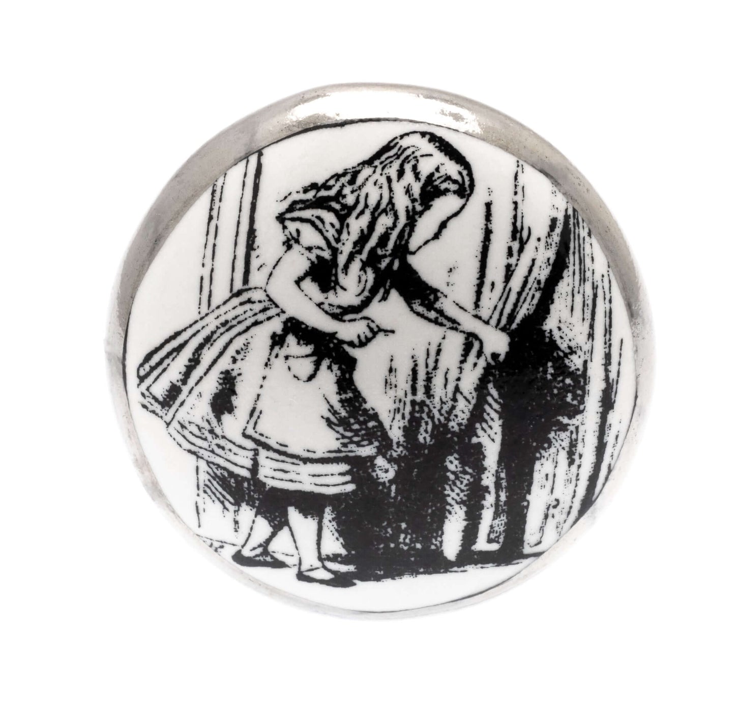 Ceramic Cupboard Knob Alice and the Curtain in Wonderland Antique Silver