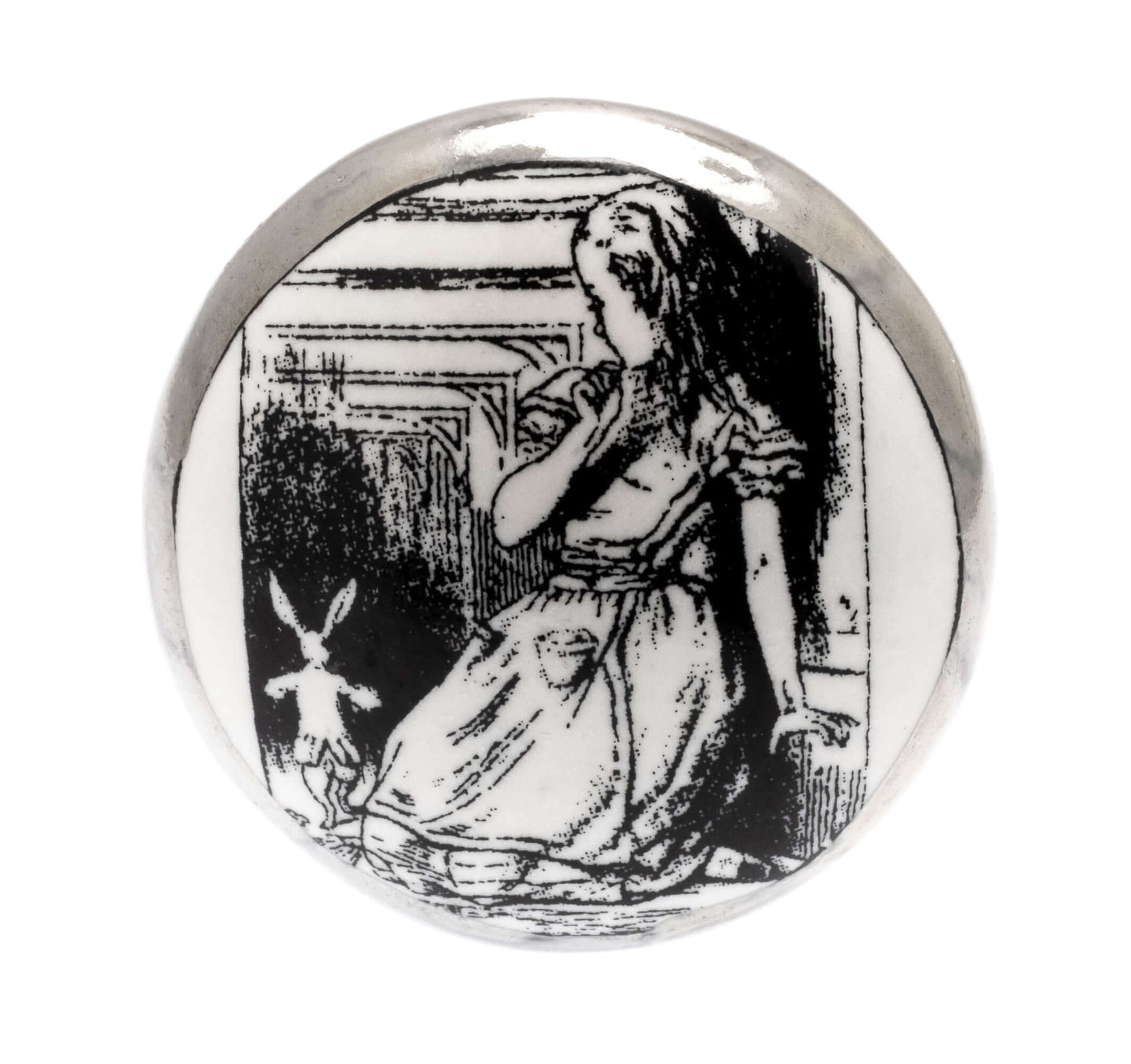 Ceramic Cupboard Knob Alice in Wonderland 'with the Rabbit' Antique Silver