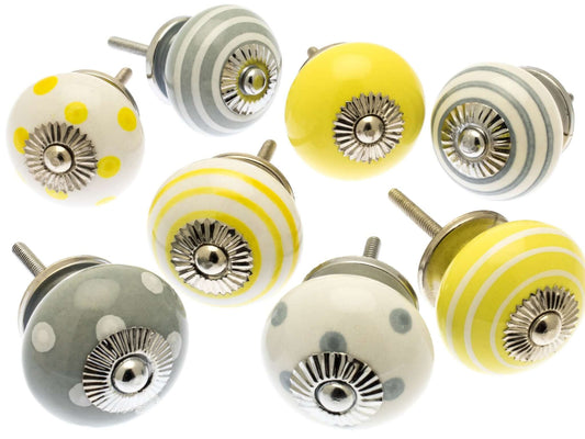 Ceramic Door Knobs - Whisper Grey and Lemon (Set of 8)