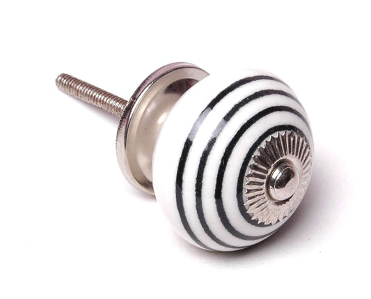 Ceramic Cupboard Knob in White with Black Hoops Stripes