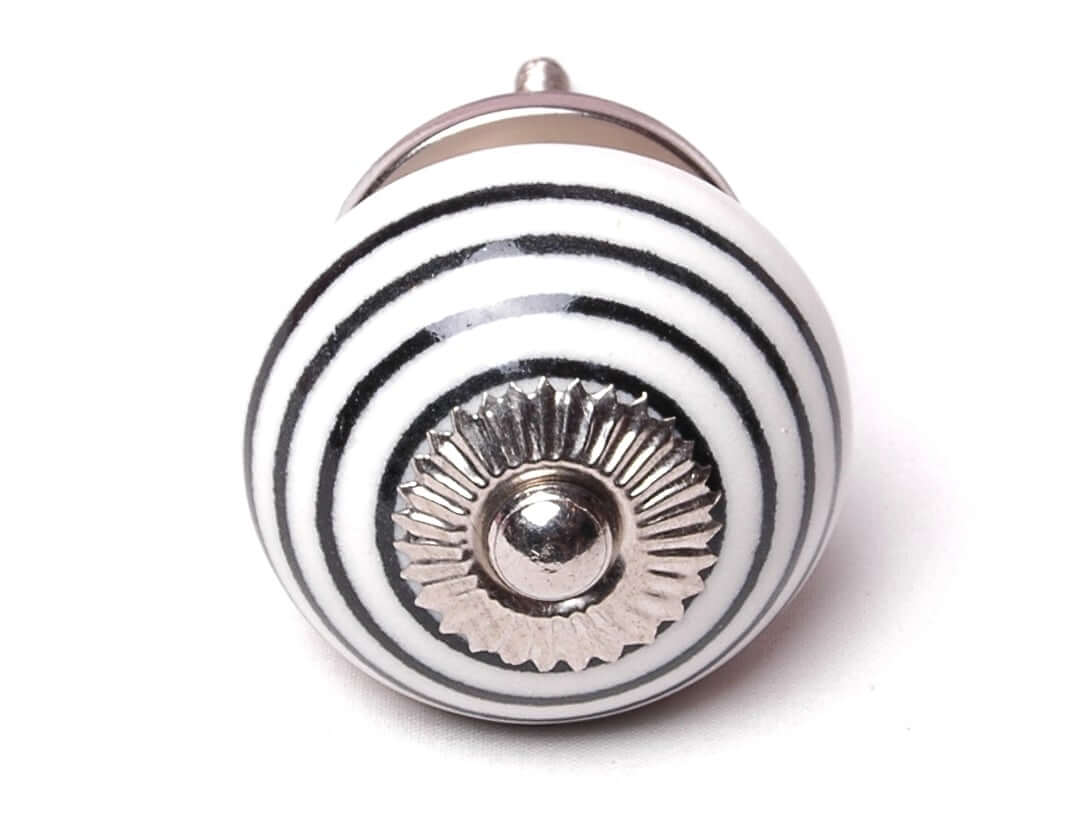 Ceramic Cupboard Knob in White with Black Hoops Stripes