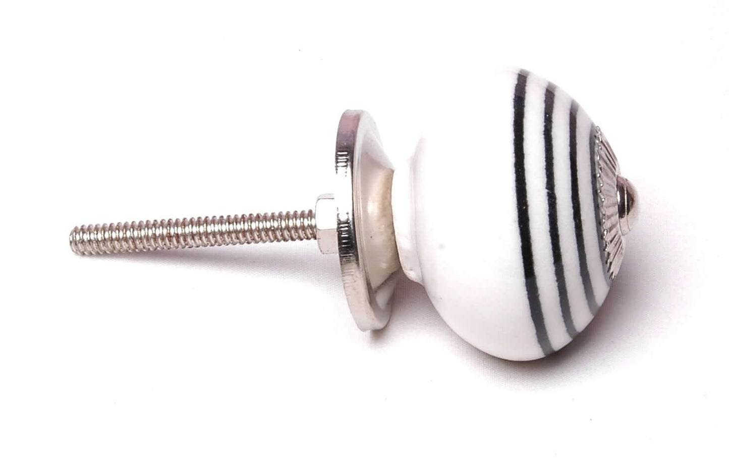 Ceramic Cupboard Knob in White with Black Hoops Stripes