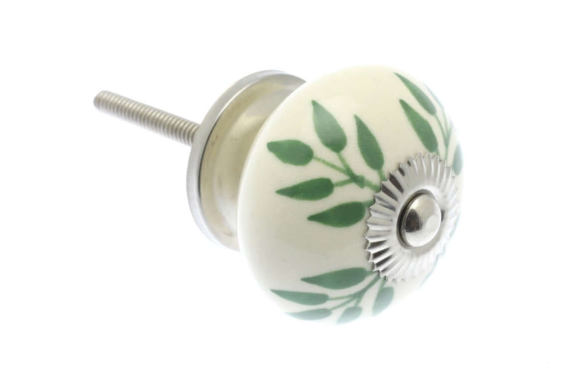 Ceramic Cupboard Knob Green Trailing Vine Leaves on Ivory