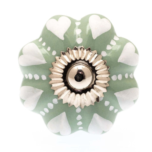 Ceramic Cupboard Knob White Hearts and Dots on Eau de Nil