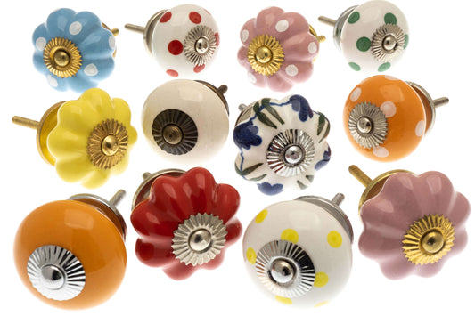 Ceramic Cupboard Door Knobs with in Mixed Variety - Set of 12