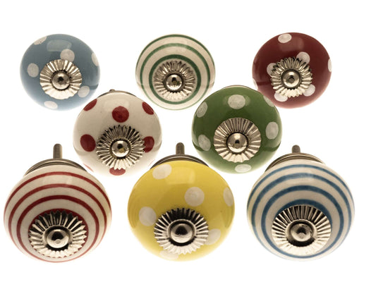 Hand Painted Knobs - 8 Spots and Stripes in Red, Blue, Green and Yellow