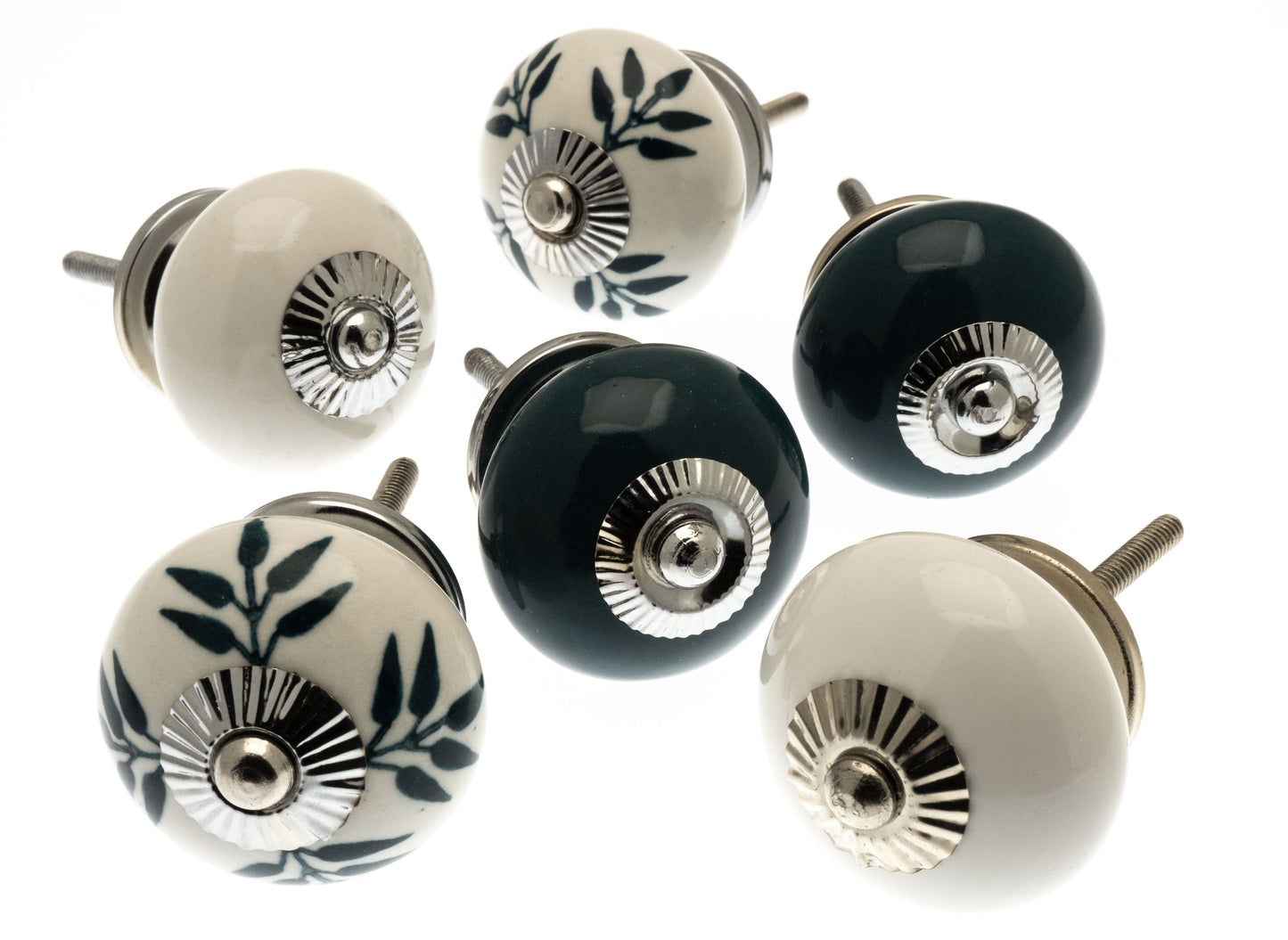 Ceramic Door Knobs in Green and White - Set of 6