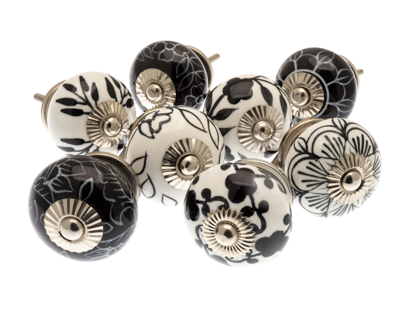 Boutons de porte de placard en céramique avec motifs peints à la main en noir et blanc – Lot de 8