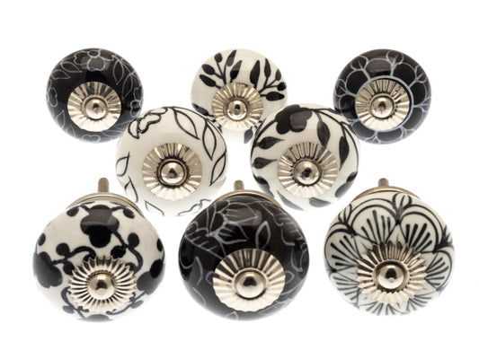 Ceramic Cupboard Door Knobs in Black and White Hand Painted Designs - Set of 8