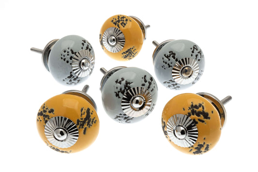 Boutons de porte en céramique Boutons à effet vieilli safran et gris murmure (Ensemble de 6)