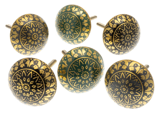 Etched Patterned Brass Dome Moroccan Style Cupboard Knobs - Set of 6