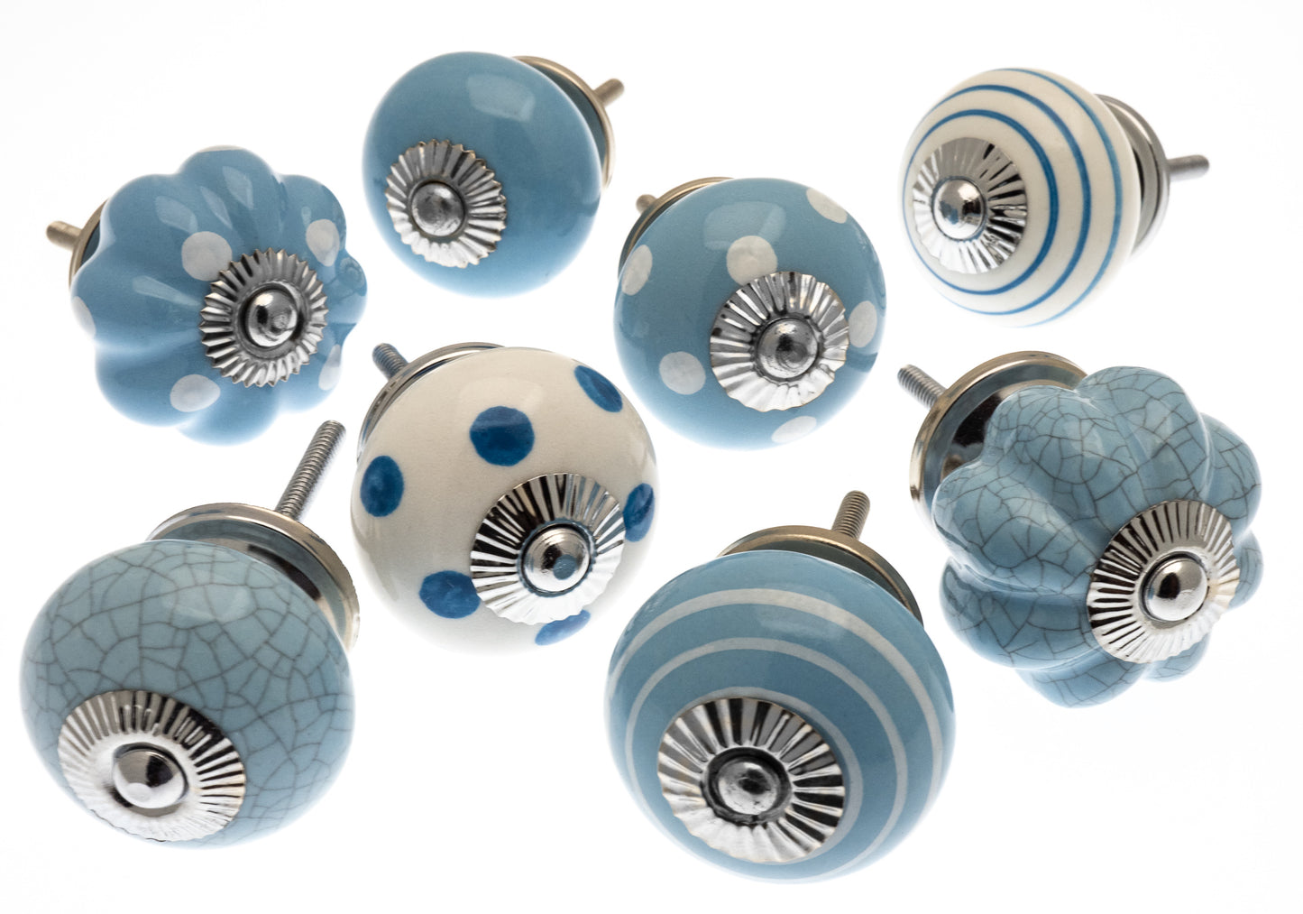 Ceramic Door Knobs in Pale Blue with Round and Flower Shape Designs  (Set of 8)