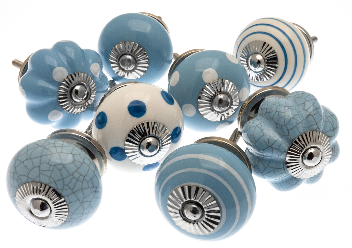 Ceramic Door Knobs in Pale Blue with Round and Flower Shape Designs  (Set of 8)