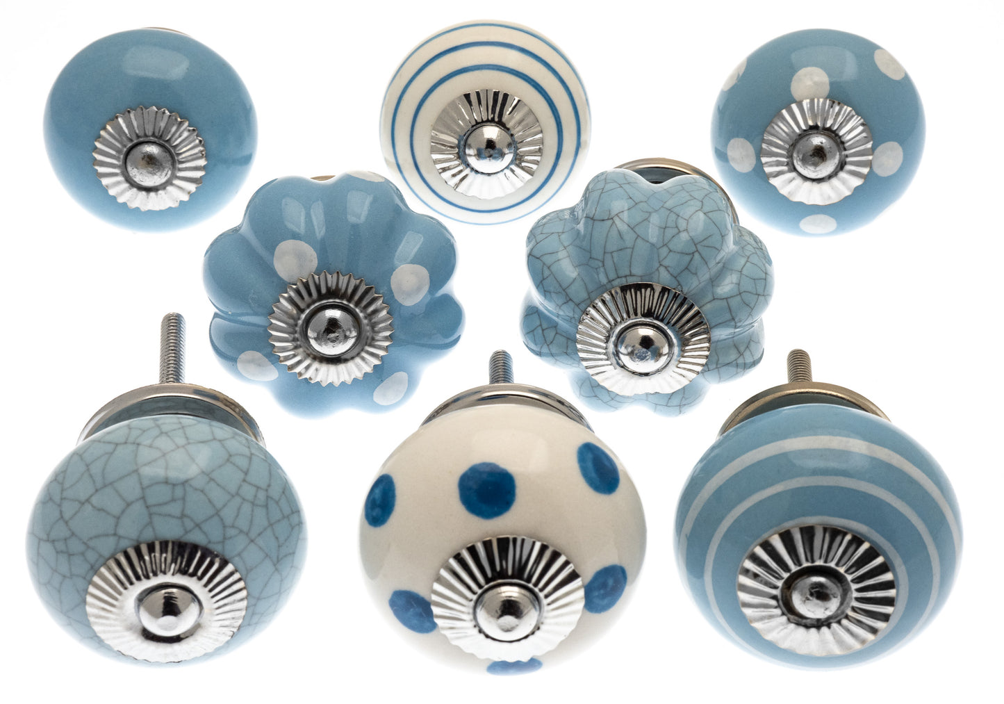 Ceramic Door Knobs in Pale Blue with Round and Flower Shape Designs  (Set of 8)