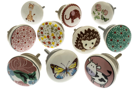 Nursery Set of 10 Ceramic Door Knobs in Animal, Butterfly and Flower Designs