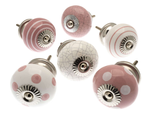Ceramic Door Knobs in Pink Candy Spots and Stripes (Set of 6)
