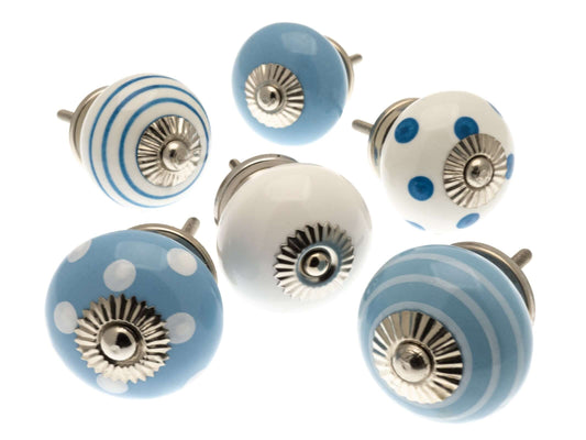 Ceramic Door Knobs Beach Hut Blues (Set of 6)