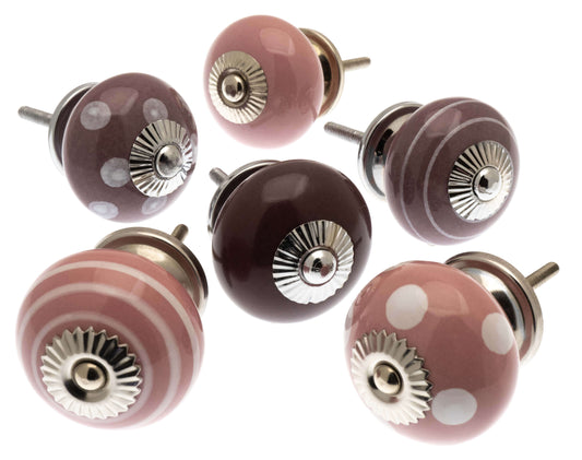 Ceramic Door Knobs in Pink, Lilac and Plum Set of 6