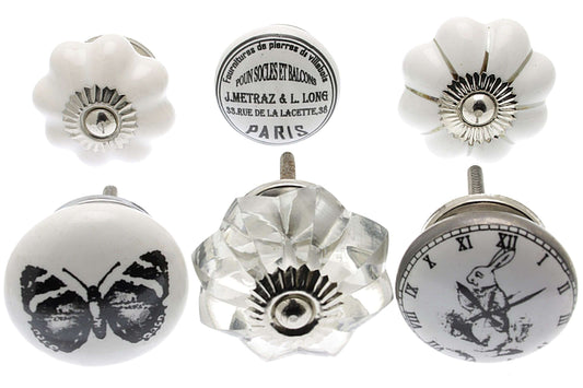 Ceramic Door Knobs with Alice Rabbit Vintage Set of 6