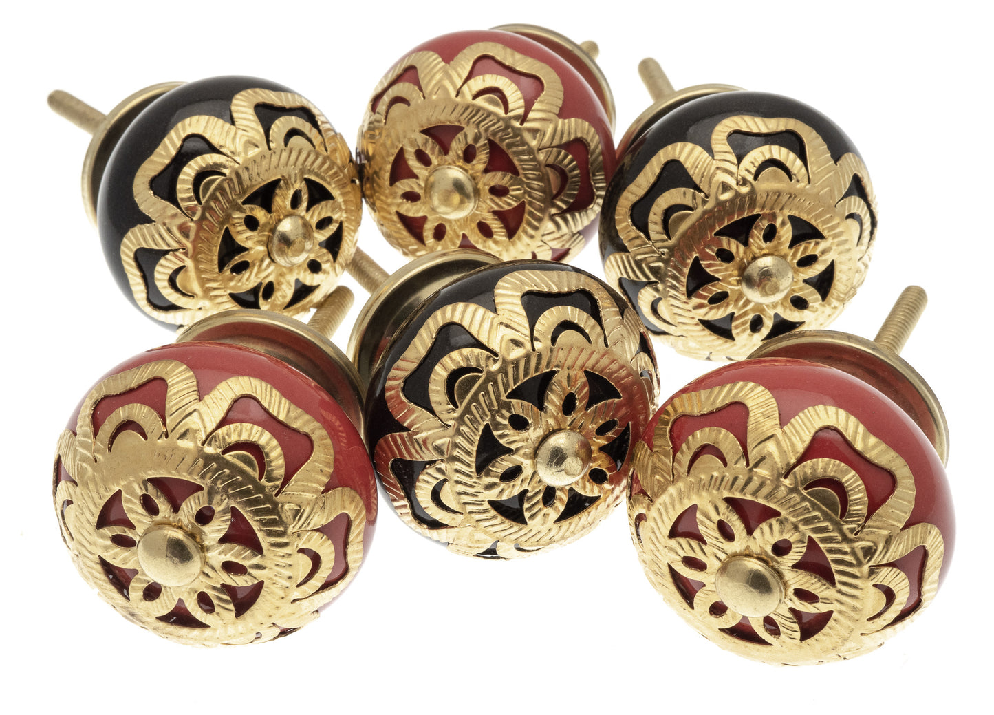 Ceramic Door Knobs Black and Red with Brass Fret Work (Pack of 6)