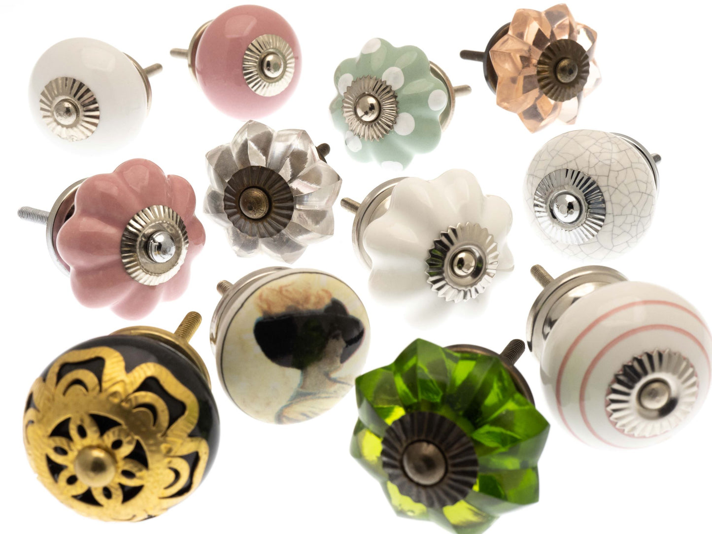 Ceramic Cupboard Door Knobs with Pretty Vintage Style Glass - Set of 12