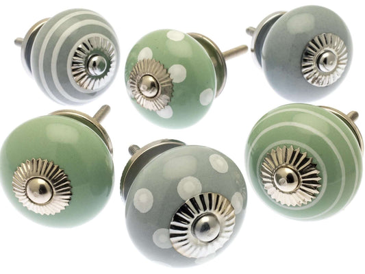 Ceramic Door Knobs - Whisper Grey and Green (Set of 6)