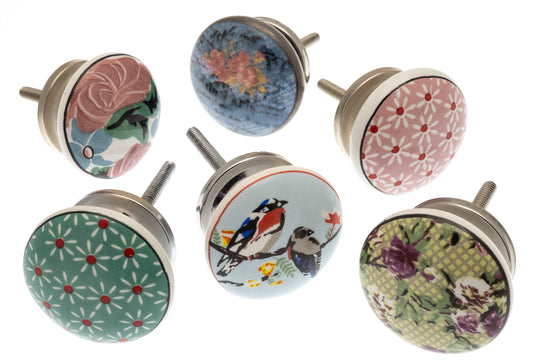 Vintage Style Floral and Bird Ceramic Cupboard Door Knobs - Set of 6