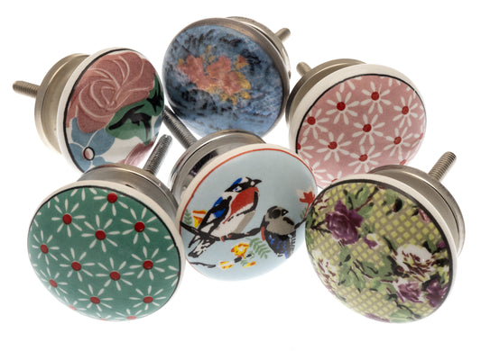 Vintage Style Floral and Bird Ceramic Cupboard Door Knobs - Set of 6