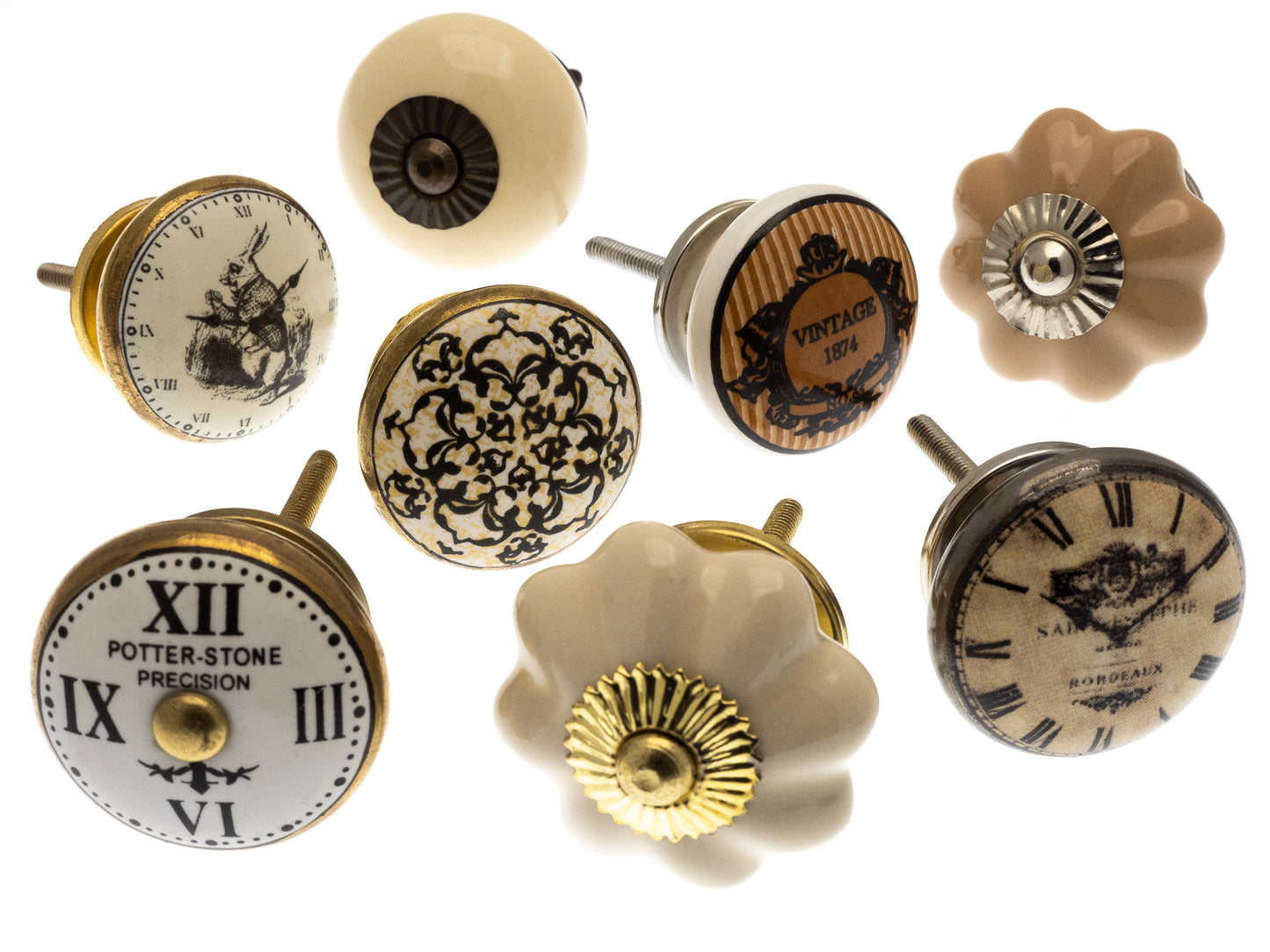 Boutons de porte en céramique vintage Champagne et Or Ensemble de 8