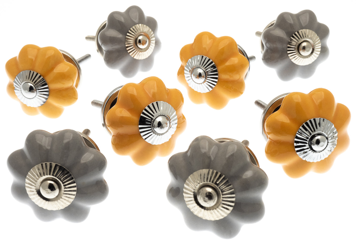 Boutons de porte en céramique en forme de fleur jaune safran et gris ardoise (Ensemble de 8)