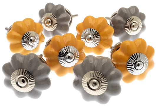 Ceramic Door Knobs in Saffron Yellow and Slate Grey Flower Shape (Set of 8)