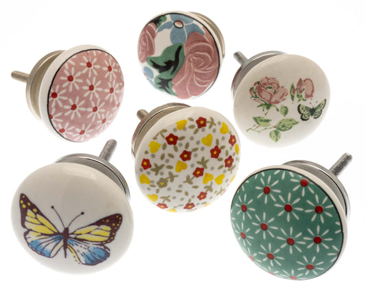 Boutons d'armoire en céramique motif floral et horloge vintage (Ensemble de 6)