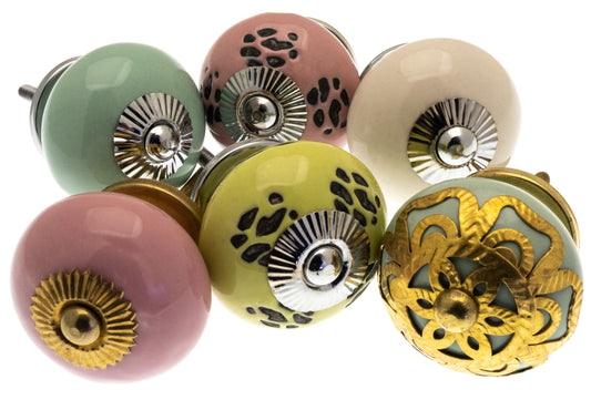 Ceramic Door Knobs Cream, Pink, Yellow and Pale Green Set of 6