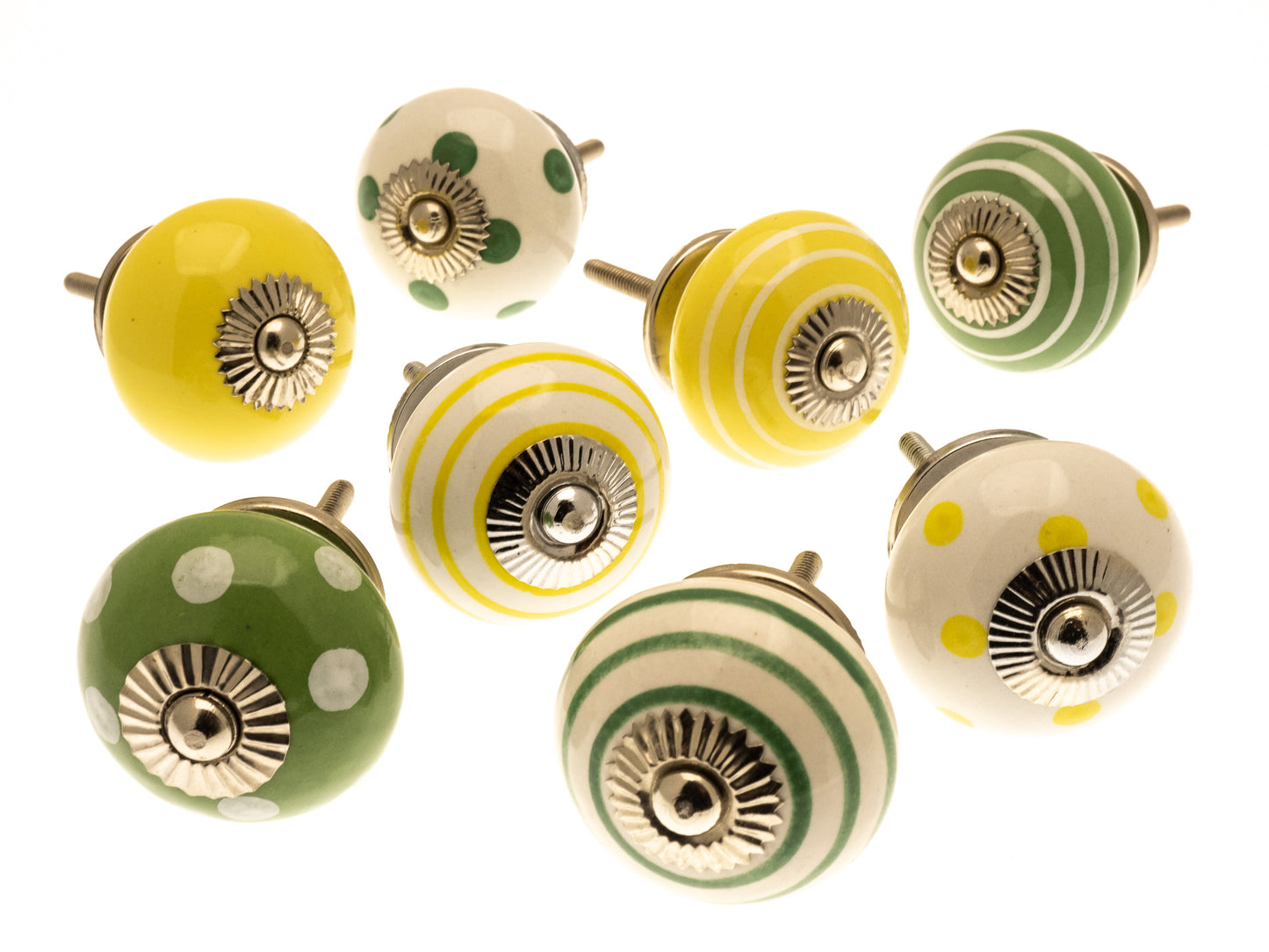 Boutons de porte de placard en céramique vert vif et jaune, points et rayures peints à la main, ensemble de 8 citrons et bleus pastel