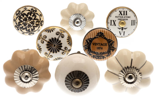 Boutons de porte en céramique - Crème naturelle, marron et or - Ensemble de 8