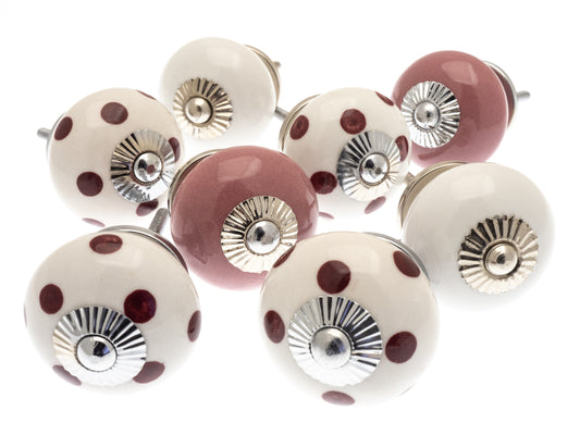 Boutons de porte en céramique, conçus exclusivement, peints à la main, roses foncés et boutons blancs - Ensemble de 8