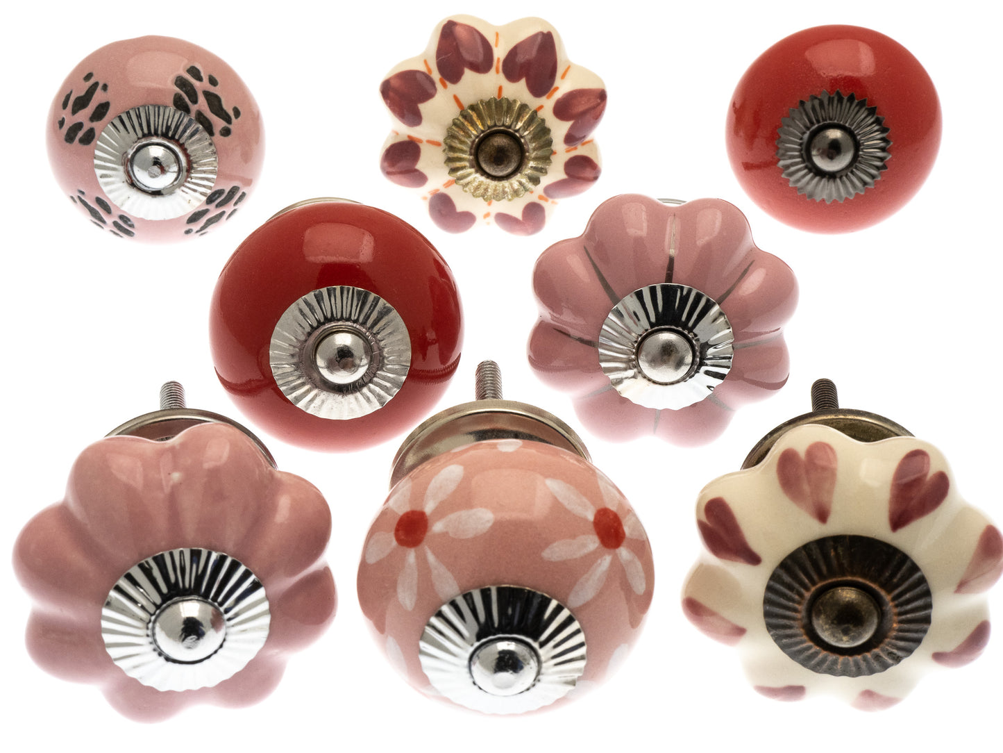 Ceramic Door Knobs - 8 Pretty Pink, Red Hearts and Daisies