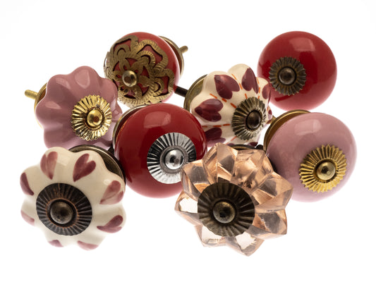 Ceramic and Glass Cupboard Door Knobs in 10 Pink and Red Designs