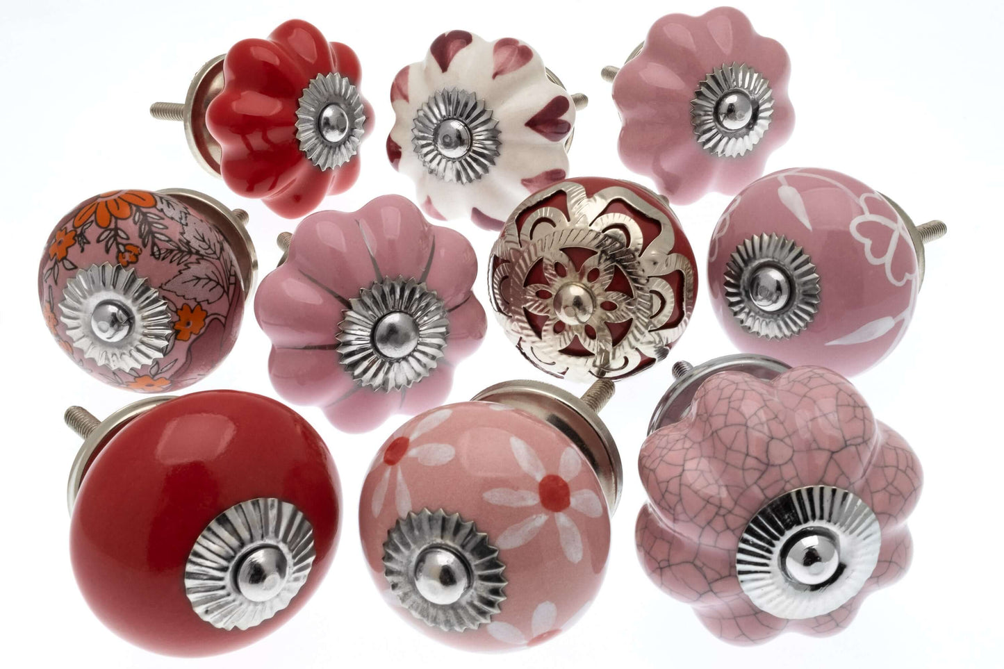 Ceramic Door Knobs - 10 Pretty Pink, Red Hearts and Daisies