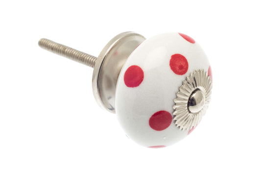 Ceramic Knob Hand Painted Red Dots on White 40mm