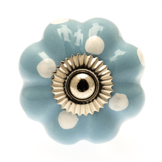 Bouton de porte en céramique en forme de fleur bleu ciel à pois blancs