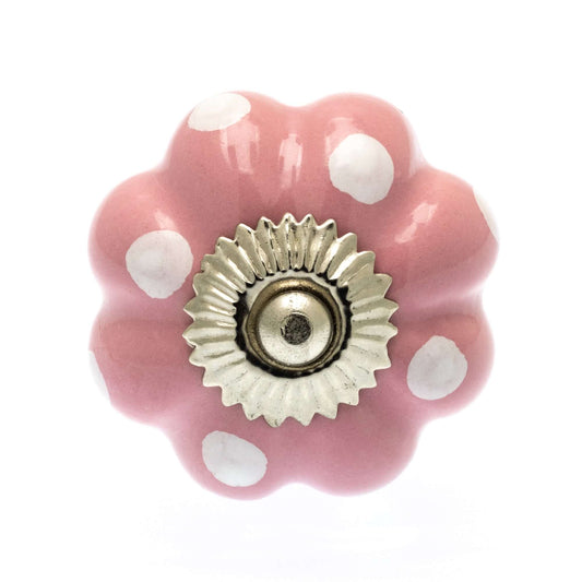 Ceramic Door Knob Flower Shape in Pink with White Dots