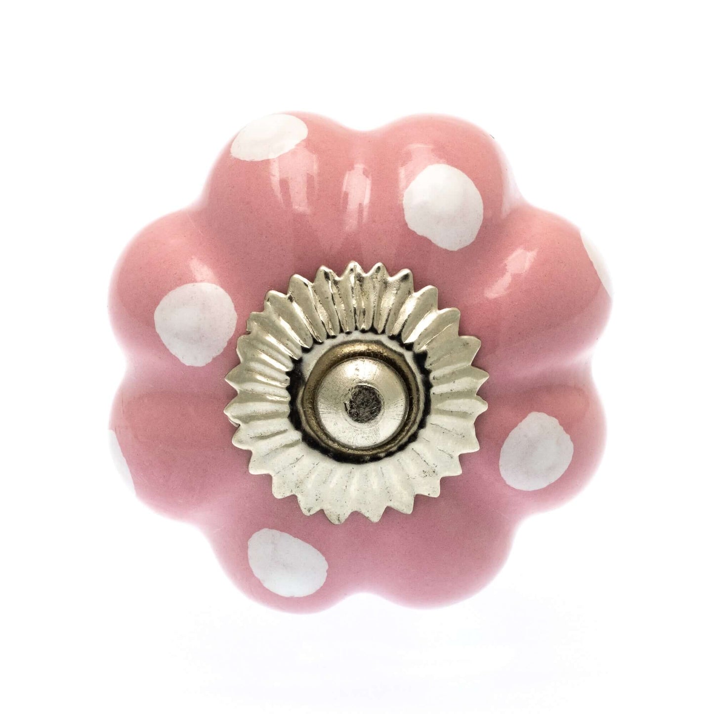 Bouton de porte en céramique en forme de fleur rose à pois blancs