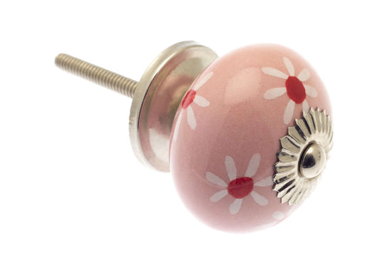 Ceramic Knob Pink with Hand Painted Daisies 40mm