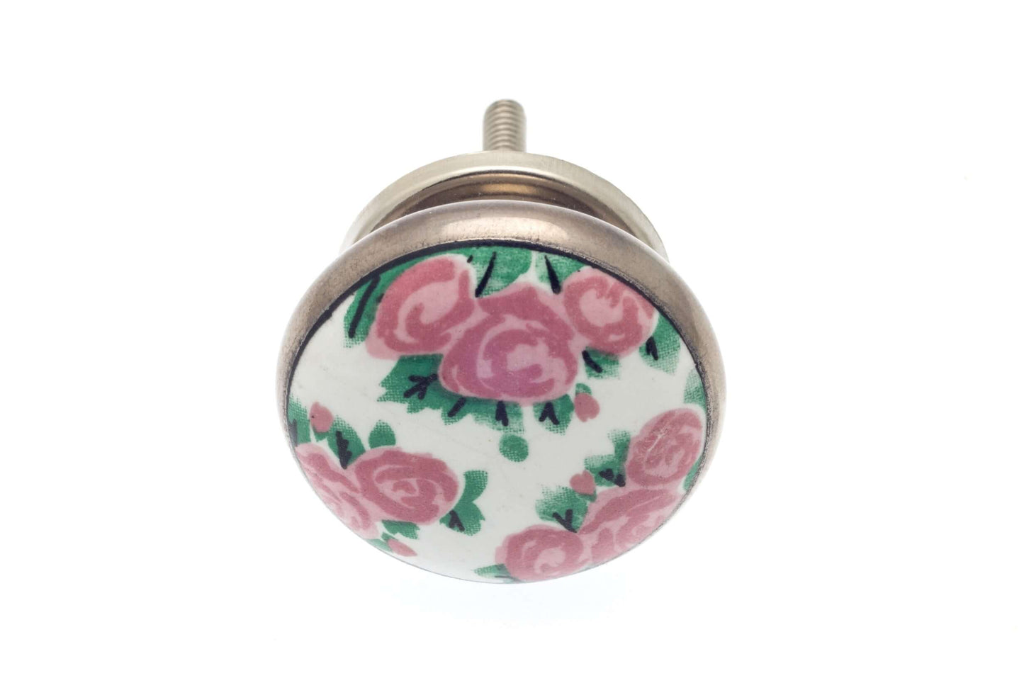Bouton de placard en céramique Roseraie avec contour argenté antique 38 mm