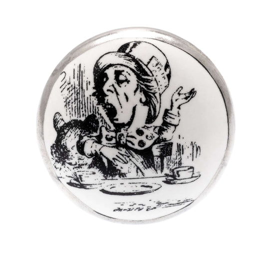 Ceramic Cupboard Knob Alice 'Mad Hatter' Antique Silver
