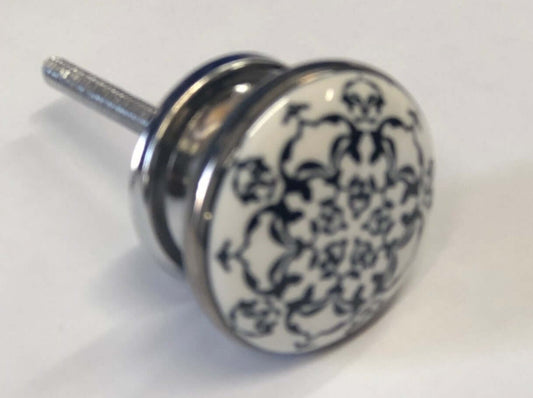 Ceramic Knob 'Black Fleur' Antique Silver 38mm