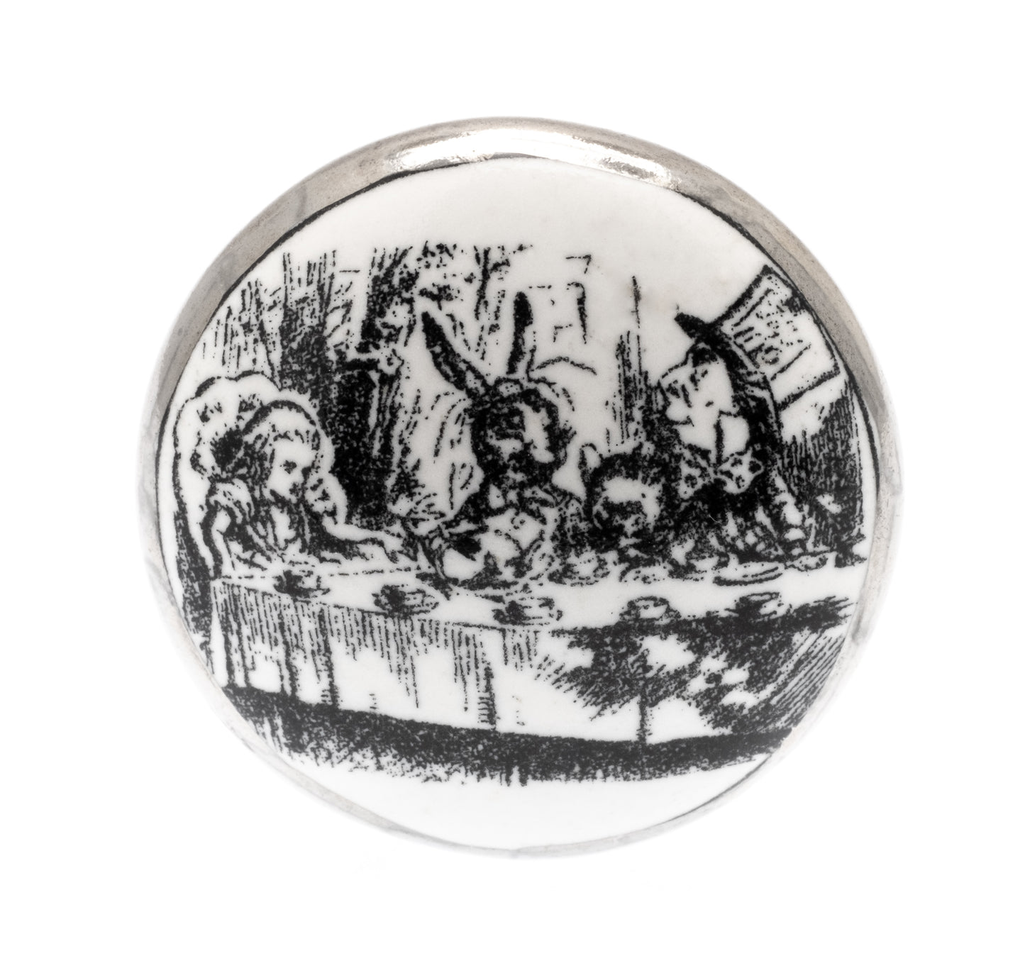 Bouton de Placard en Céramique Alice 'Mad Hatter's Tea Party' Argent Antique