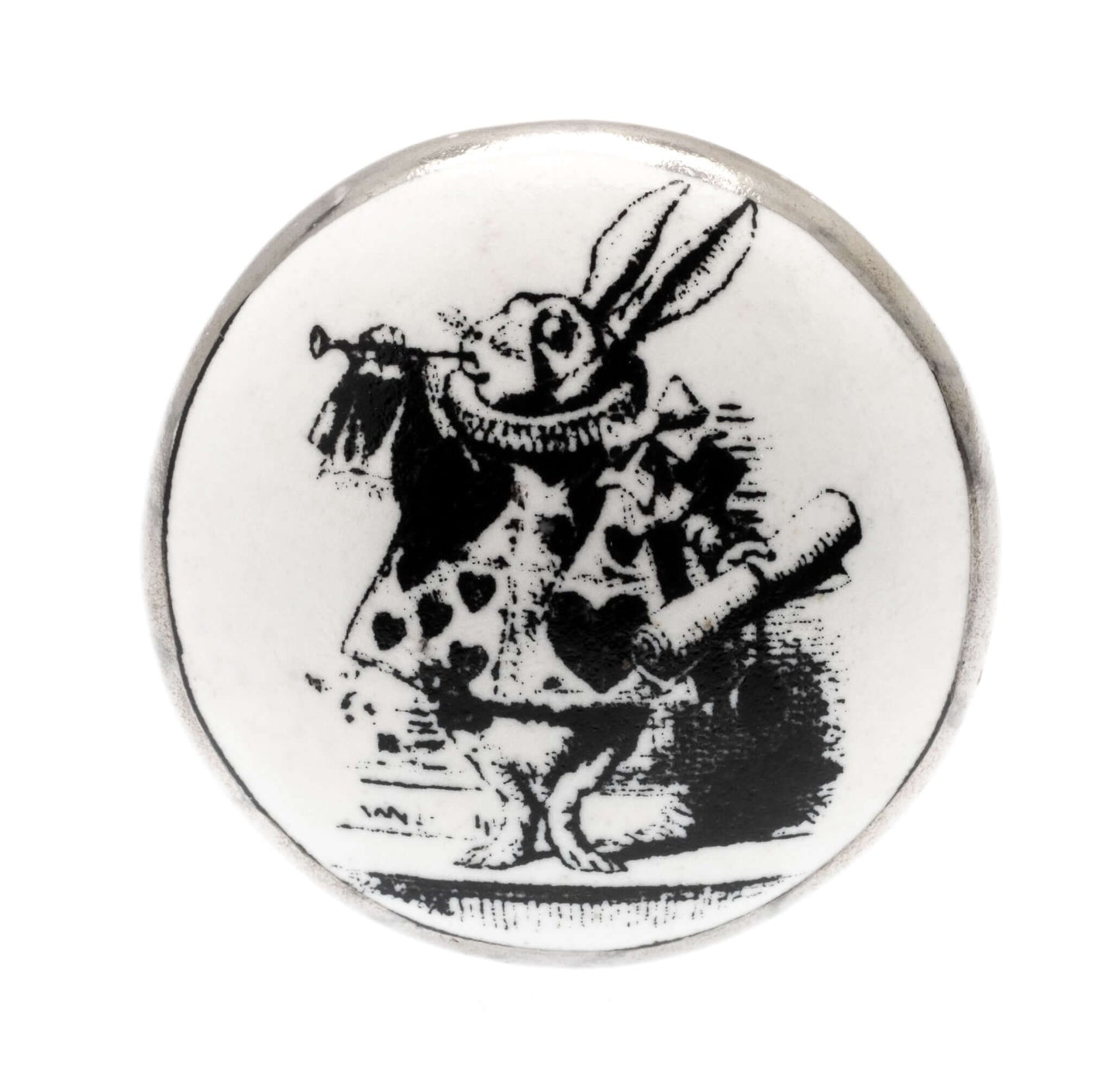 Ceramic Cupboard Knob Alice in Wonderland 'The Herald' Antique Silver